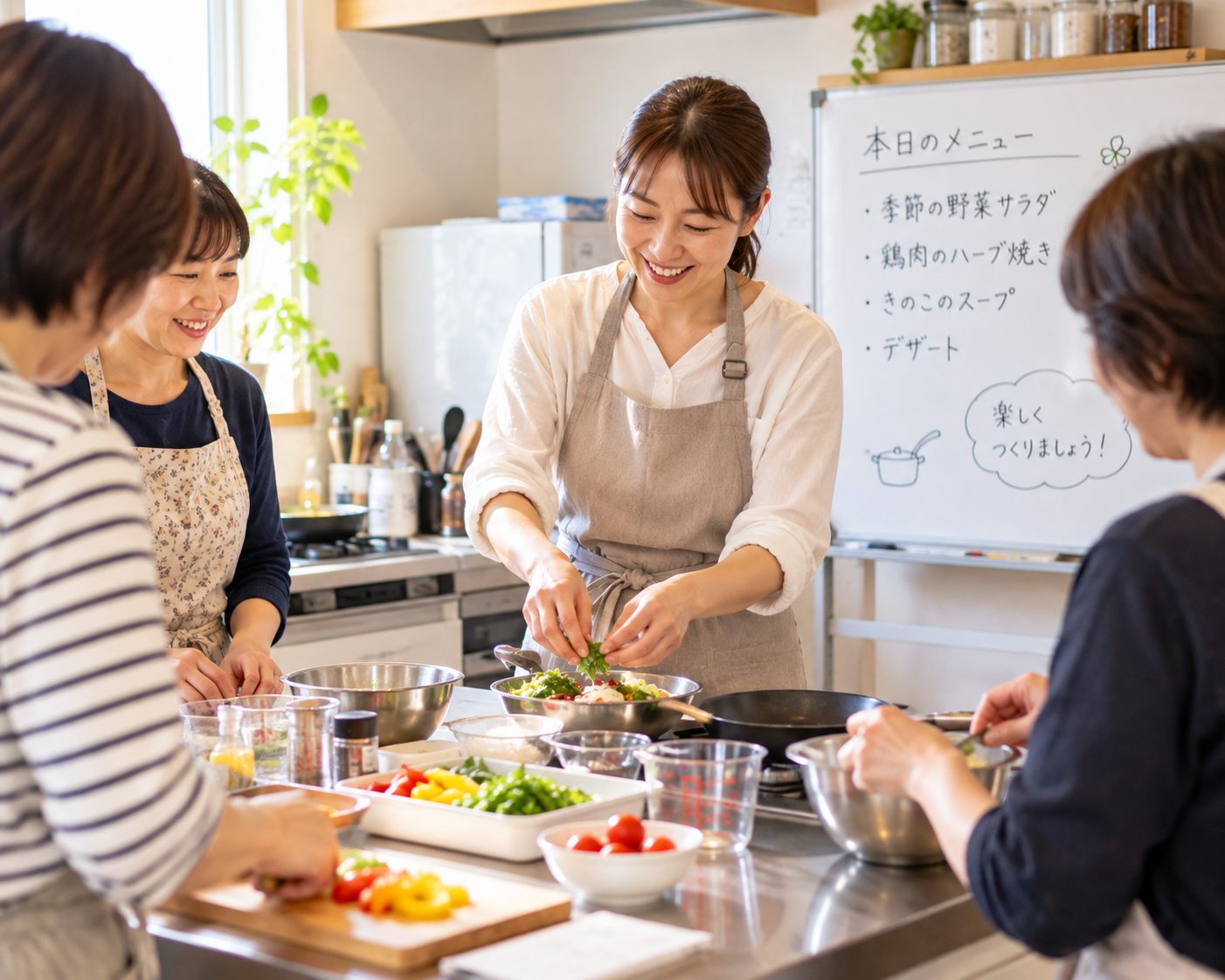 先生と生徒さんが笑顔で調理しているレッスンの様子