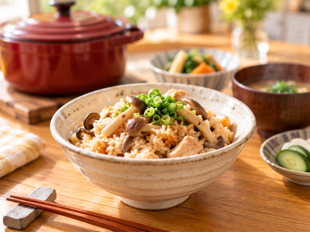 きのこと鶏の炊き込みごはんに、お吸い物と小鉢を添えた食卓