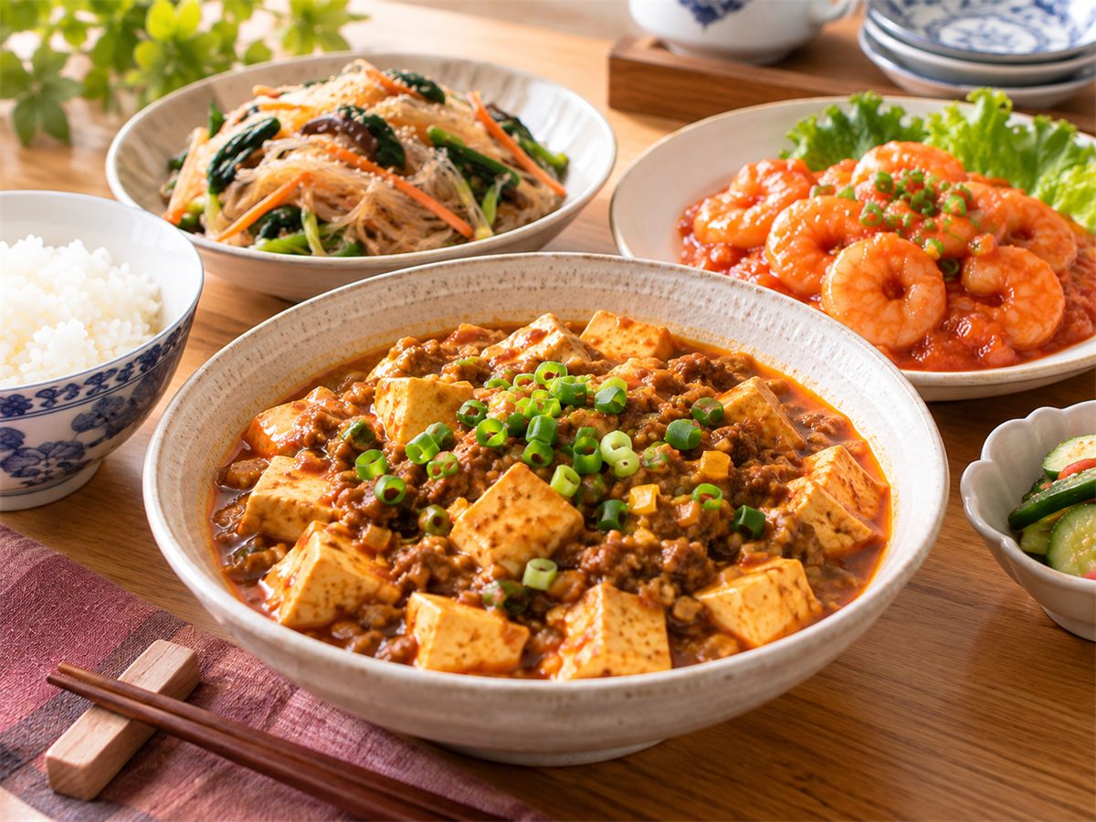 麻婆豆腐・エビチリ・春雨サラダが並ぶ中華の食卓