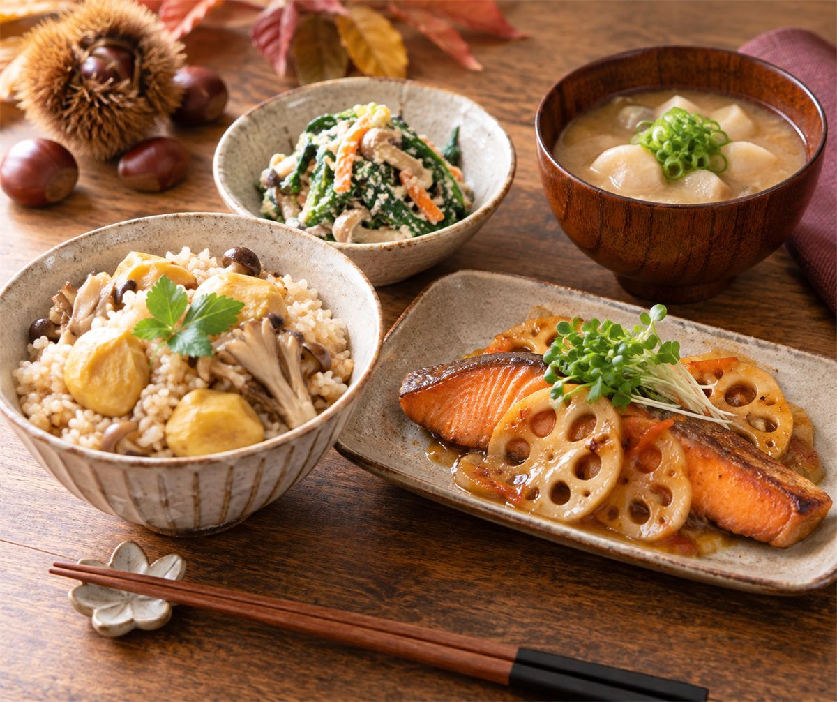 栗ときのこの炊き込みご飯、鮭とレンコンの甘酢照り焼き、里芋のお味噌汁、ほうれん草の白和えが並ぶ食卓