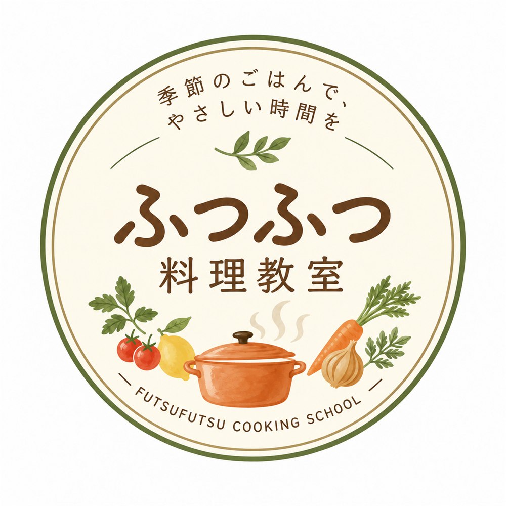案B 野菜と鍋を水彩風に描いた円形バッジのロゴ