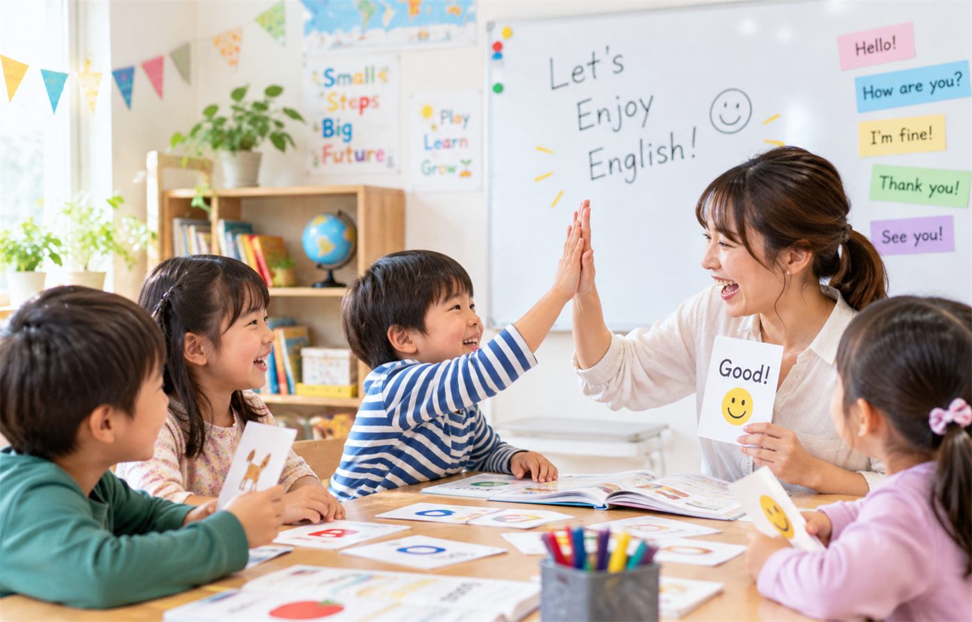先生とハイタッチして笑う、レッスン中の子どもたち